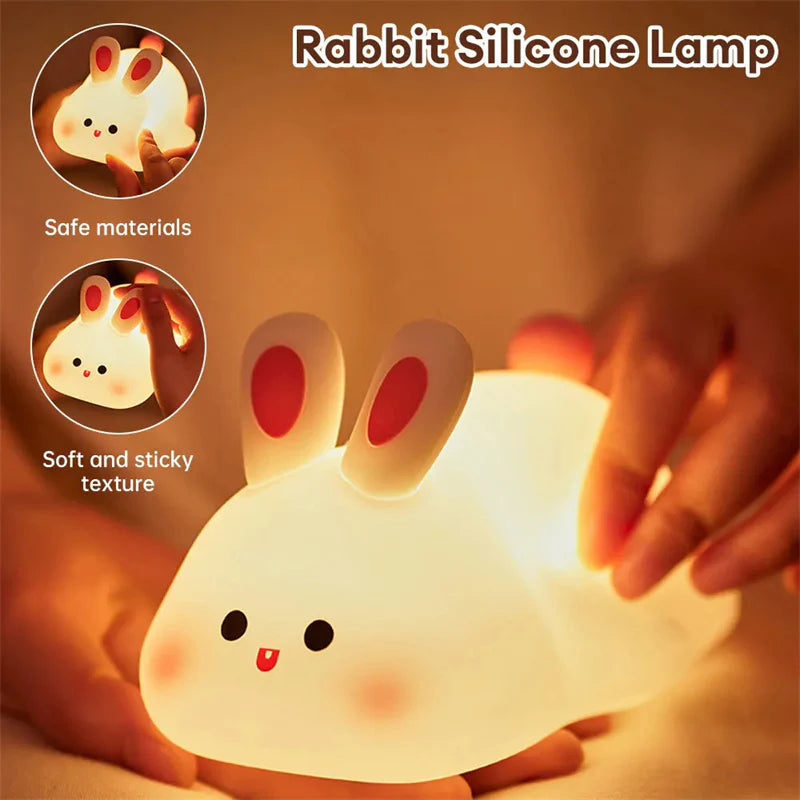 Cute LED Night Light Touch Sensor Cartoon Kid'S Nightlights Big Face Rabbit Silicone Night Light Christmas Gift Bedside Lamp Home Decor