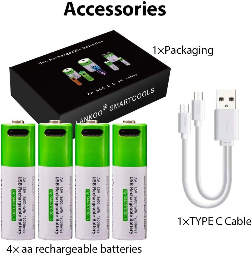 USB AA Lithium Ion Rechargeable Battery, High Capacity 1.5V 2600Mwh Rechargeable AA Battery, 1.5 H Fast Charge, 1200 Cycle with Type C Port Cable, Constant Output,4-Pack