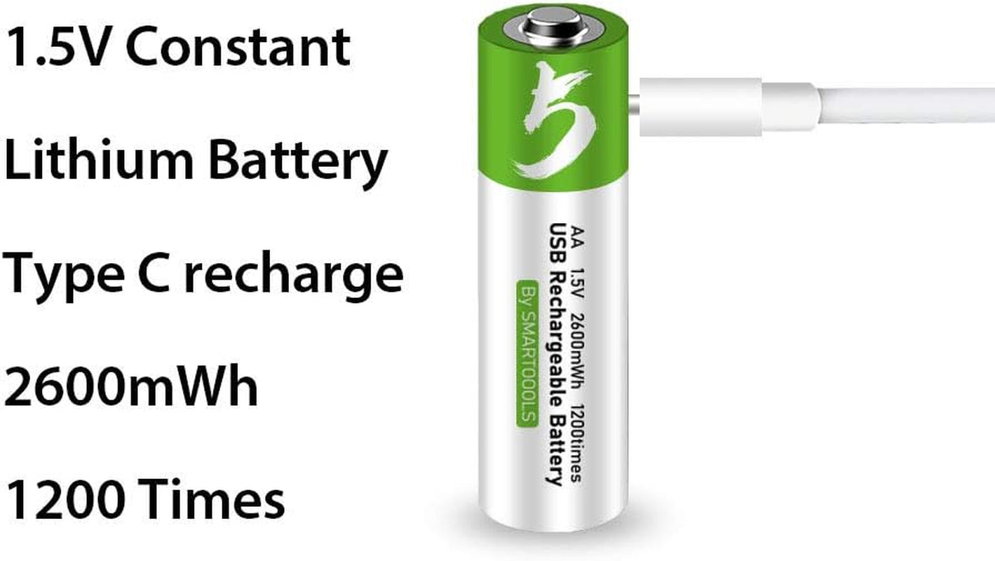 USB AA Lithium Ion Rechargeable Battery, High Capacity 1.5V 2600Mwh Rechargeable AA Battery, 1.5 H Fast Charge, 1200 Cycle with Type C Port Cable, Constant Output,4-Pack