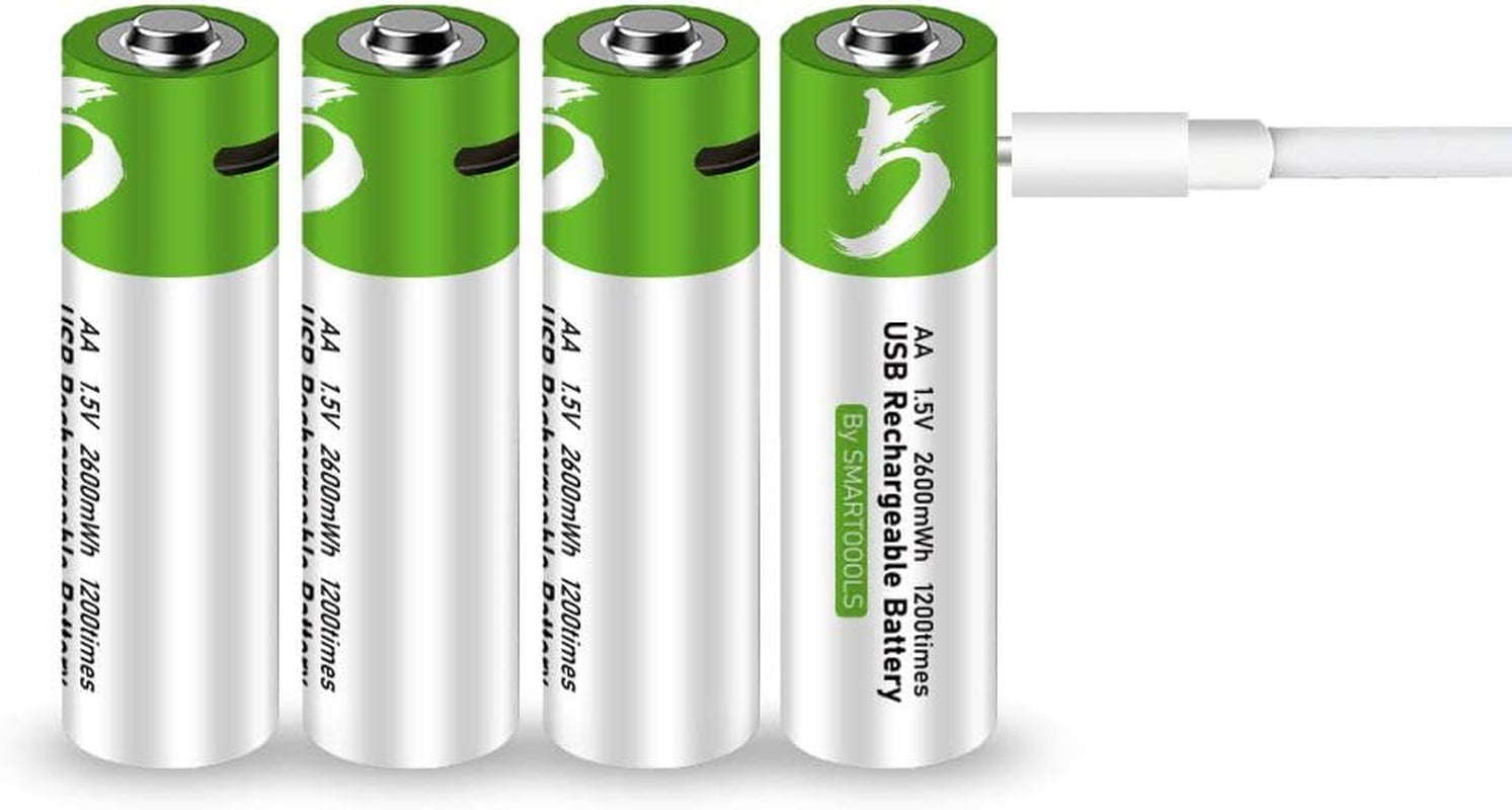 USB AA Lithium Ion Rechargeable Battery, High Capacity 1.5V 2600Mwh Rechargeable AA Battery, 1.5 H Fast Charge, 1200 Cycle with Type C Port Cable, Constant Output,4-Pack