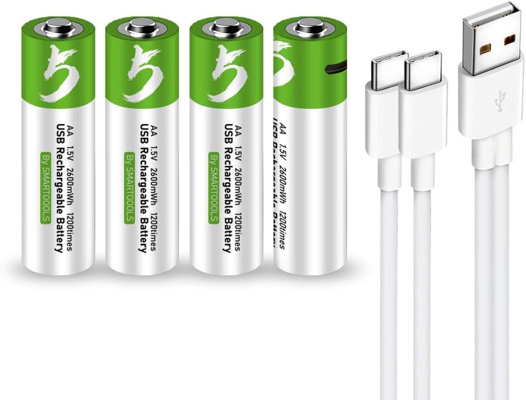 USB AA Lithium Ion Rechargeable Battery, High Capacity 1.5V 2600Mwh Rechargeable AA Battery, 1.5 H Fast Charge, 1200 Cycle with Type C Port Cable, Constant Output,4-Pack